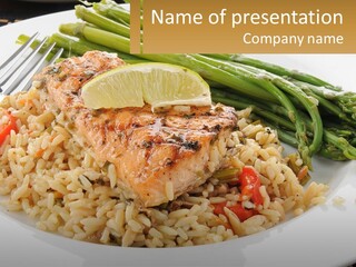 A Plate Of Food With Rice And Asparagus PowerPoint Template