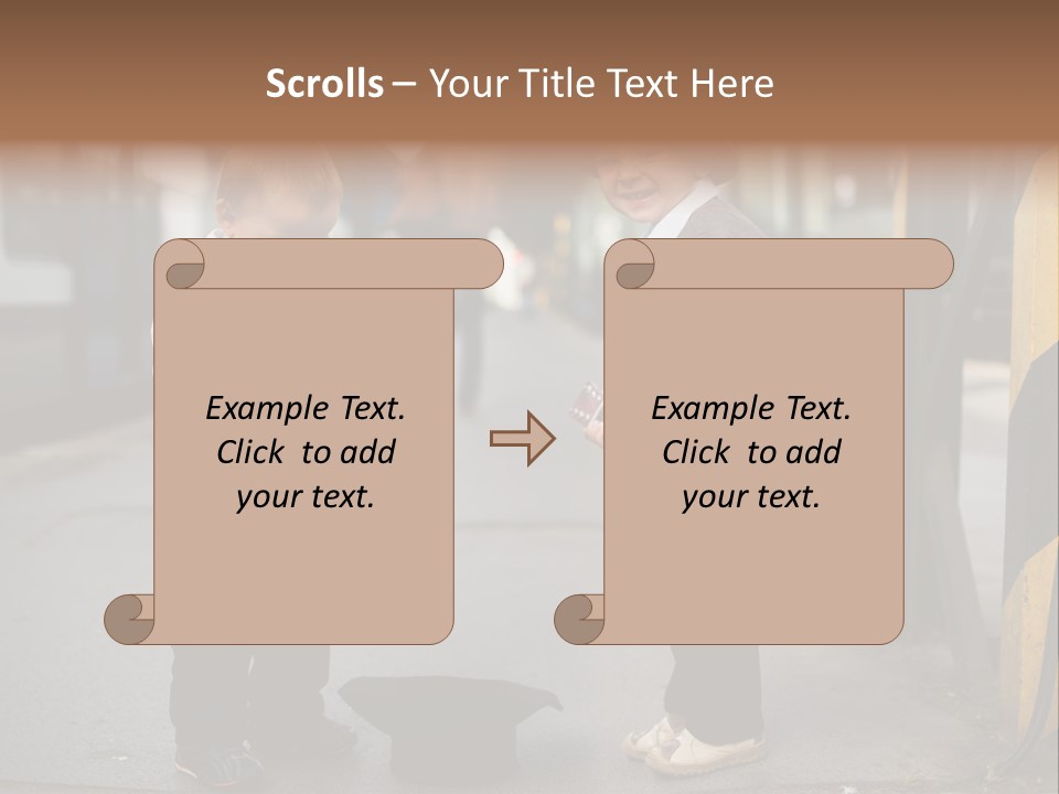 Two Young Boys Standing Next To Each Other Near A Train PowerPoint Template