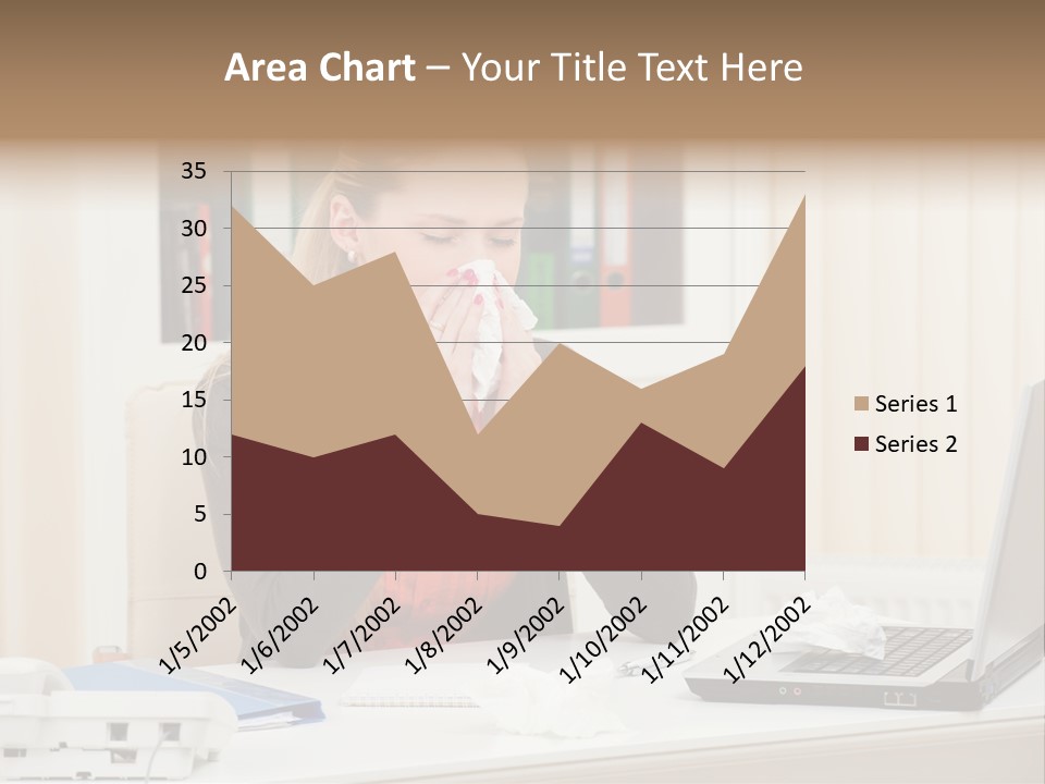 A Woman Sitting At A Desk Blowing Her Nose PowerPoint Template
