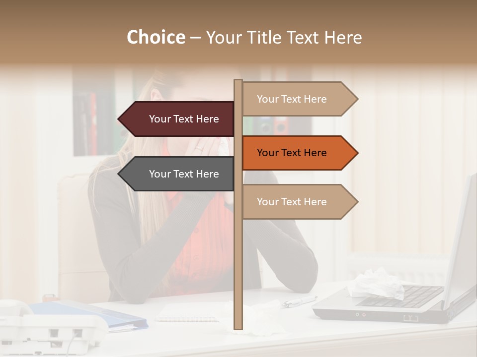 A Woman Sitting At A Desk Blowing Her Nose PowerPoint Template
