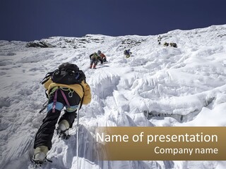 A Group Of People Climbing Up A Snowy Mountain PowerPoint Template