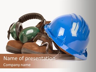 A Blue Hard Hat And Ear Muffs On Top Of A Pair Of Shoes PowerPoint Template