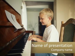 A Young Boy Playing A Piano In A Living Room PowerPoint Template