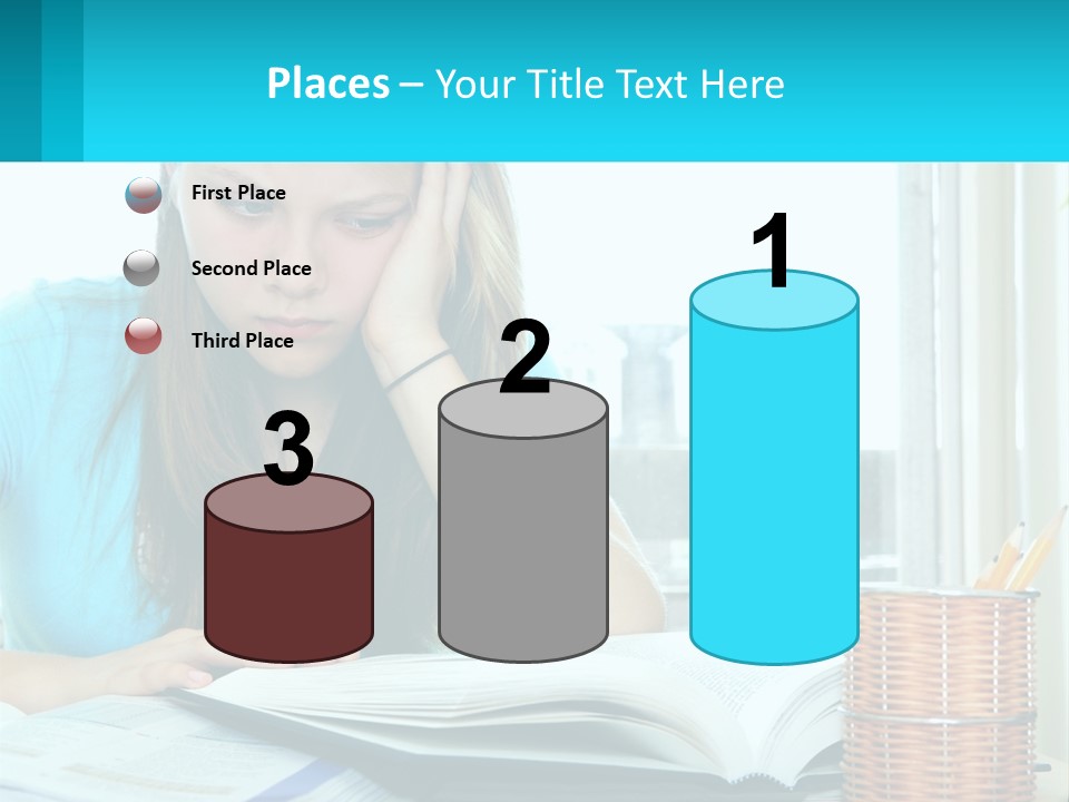 A Girl Sitting At A Desk With A Book And Pen PowerPoint Template