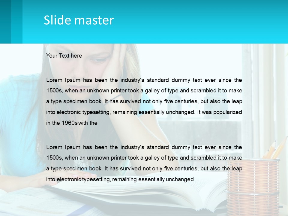 A Girl Sitting At A Desk With A Book And Pen PowerPoint Template