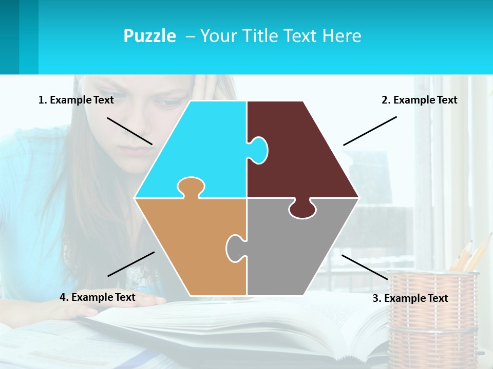 A Girl Sitting At A Desk With A Book And Pen PowerPoint Template