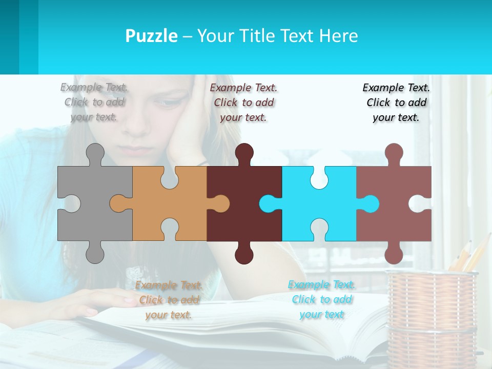 A Girl Sitting At A Desk With A Book And Pen PowerPoint Template