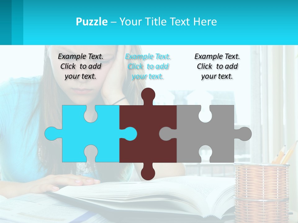 A Girl Sitting At A Desk With A Book And Pen PowerPoint Template