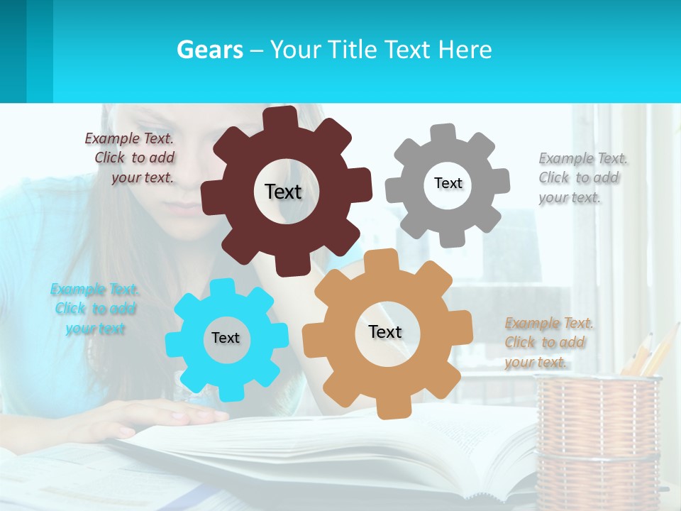 A Girl Sitting At A Desk With A Book And Pen PowerPoint Template