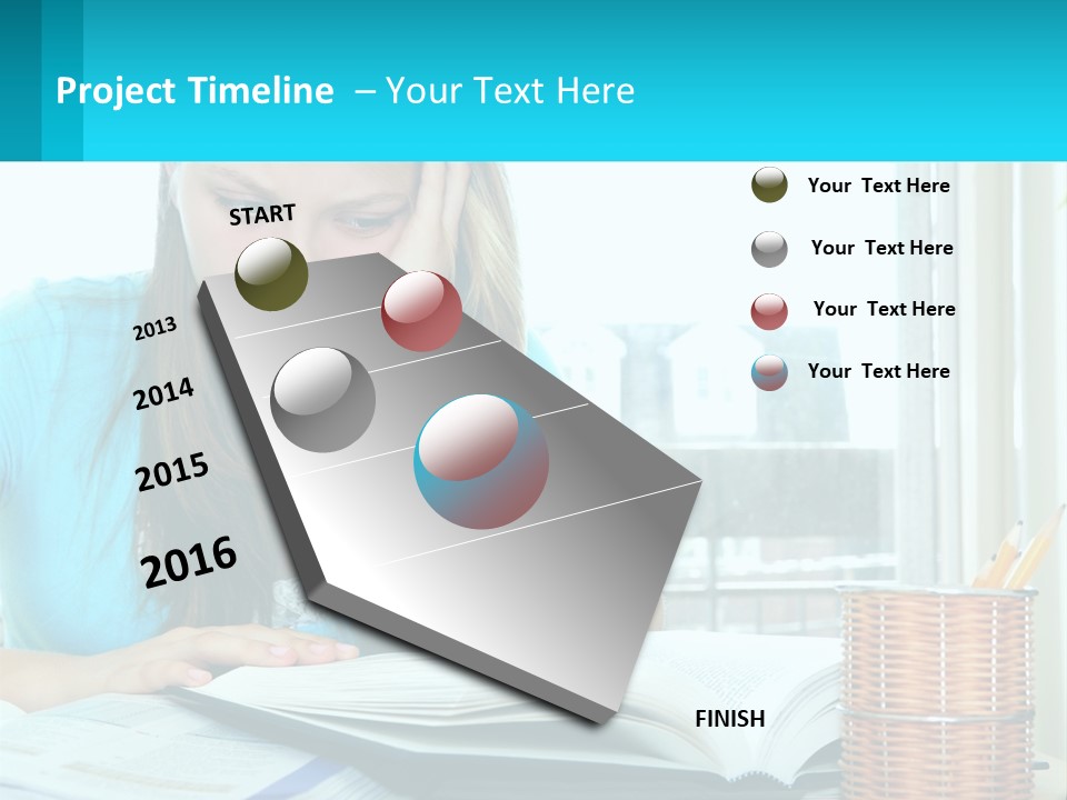 A Girl Sitting At A Desk With A Book And Pen PowerPoint Template