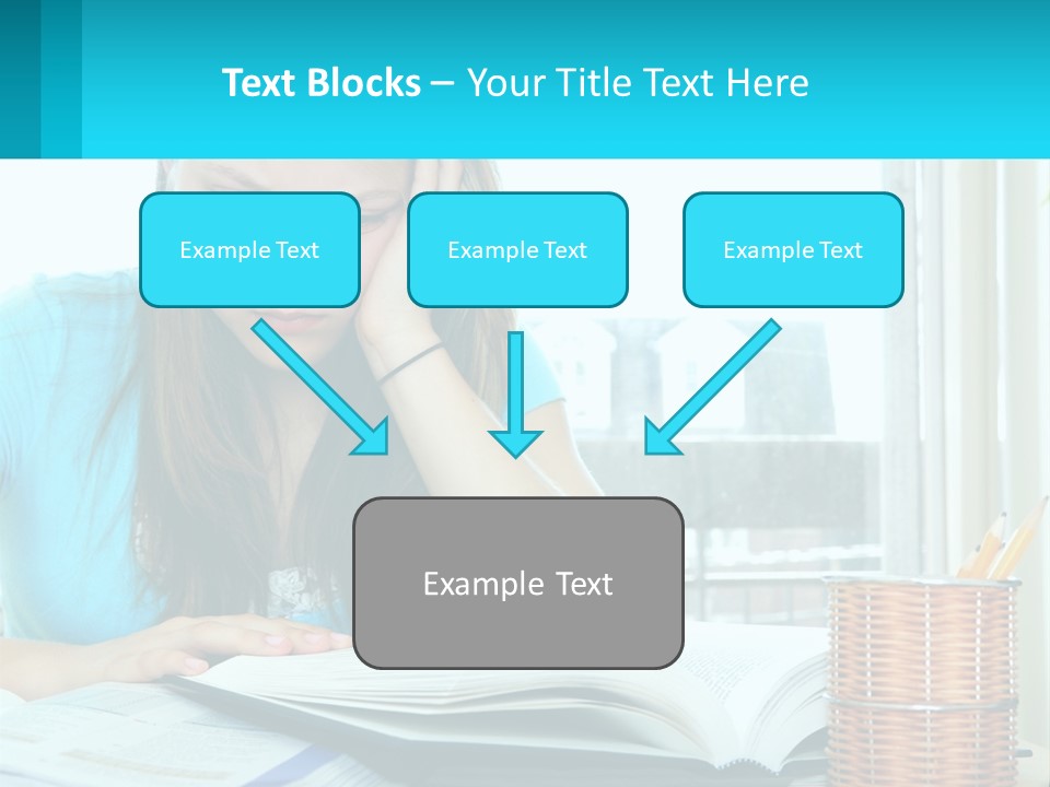 A Girl Sitting At A Desk With A Book And Pen PowerPoint Template