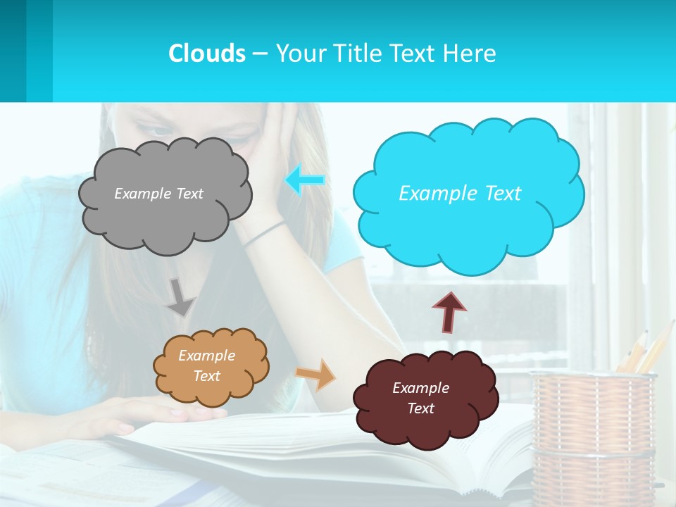 A Girl Sitting At A Desk With A Book And Pen PowerPoint Template