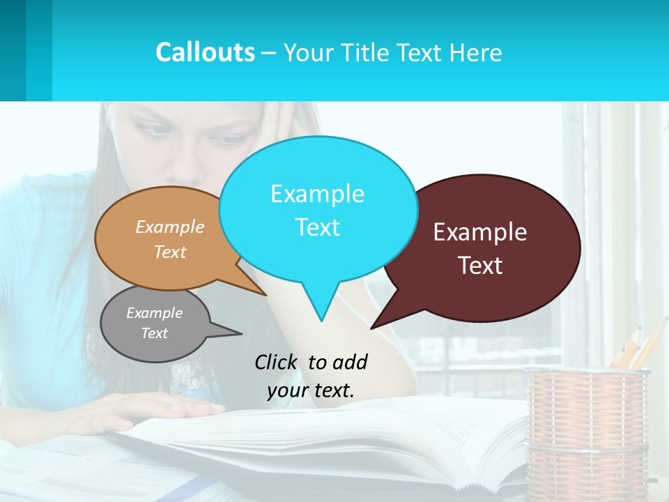 A Girl Sitting At A Desk With A Book And Pen PowerPoint Template