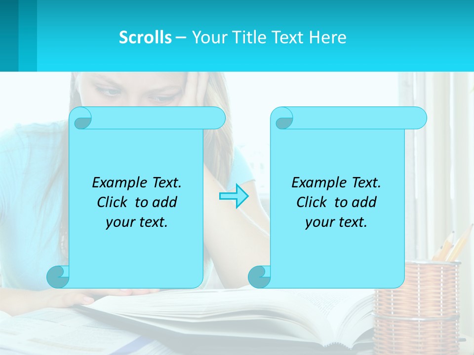 A Girl Sitting At A Desk With A Book And Pen PowerPoint Template