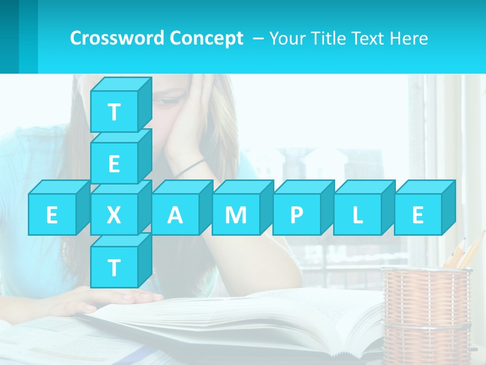 A Girl Sitting At A Desk With A Book And Pen PowerPoint Template