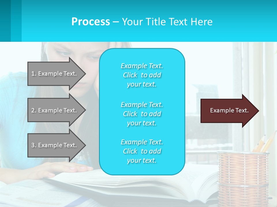 A Girl Sitting At A Desk With A Book And Pen PowerPoint Template