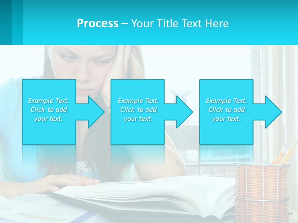 A Girl Sitting At A Desk With A Book And Pen PowerPoint Template