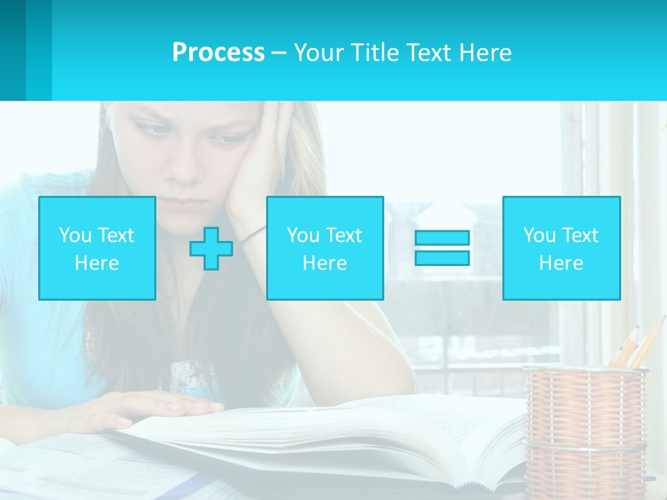 A Girl Sitting At A Desk With A Book And Pen PowerPoint Template