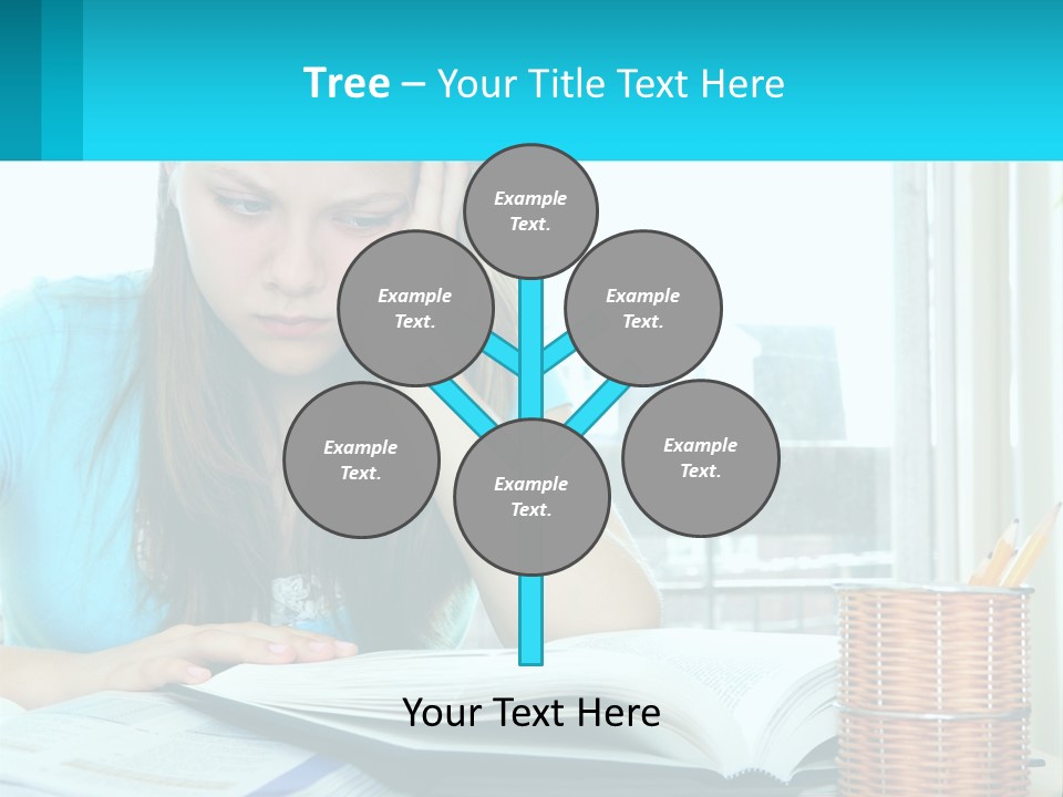 A Girl Sitting At A Desk With A Book And Pen PowerPoint Template