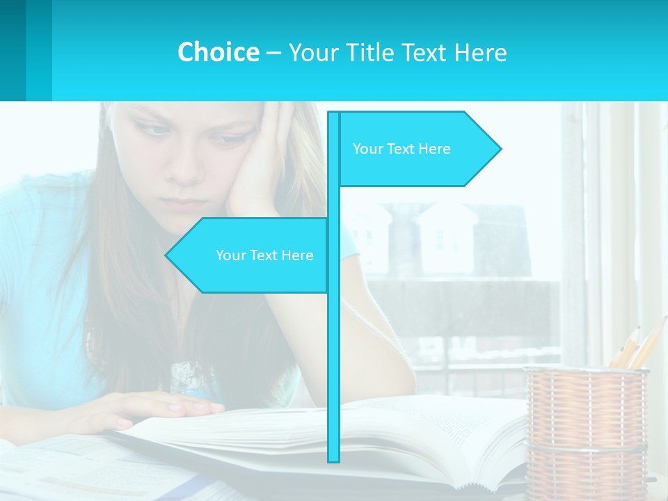 A Girl Sitting At A Desk With A Book And Pen PowerPoint Template