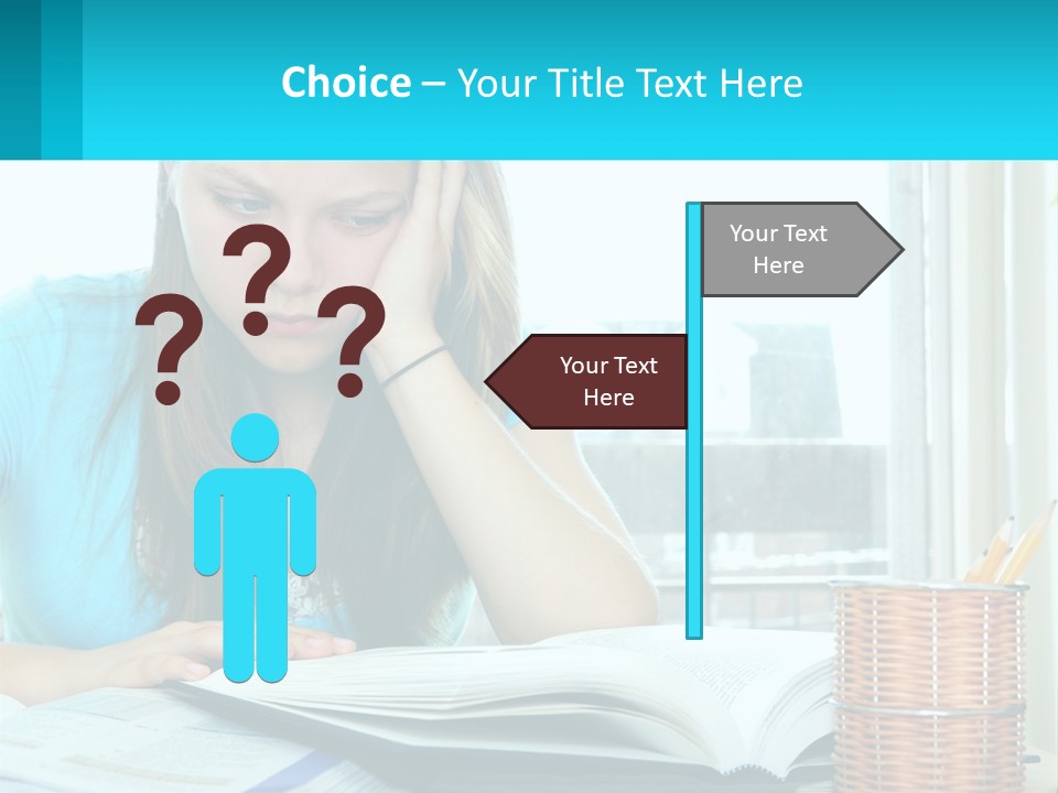 A Girl Sitting At A Desk With A Book And Pen PowerPoint Template