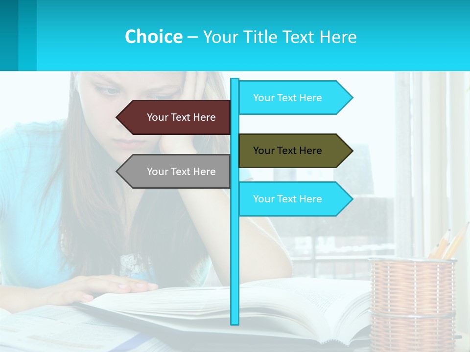 A Girl Sitting At A Desk With A Book And Pen PowerPoint Template