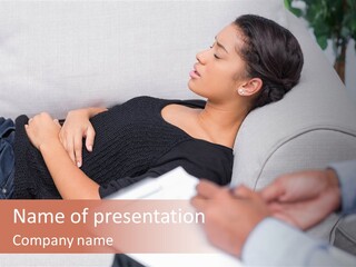 A Woman Laying On A Couch With Her Hand On Her Stomach PowerPoint Template