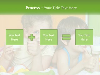 Two Little Girls Sitting On A Bed With A Glass Of Milk PowerPoint Template