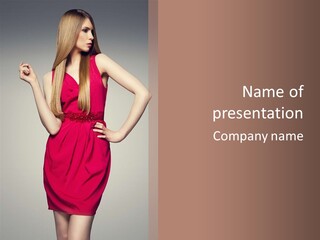 A Woman In A Red Dress Is Standing With Her Hands On Her Hips PowerPoint Template