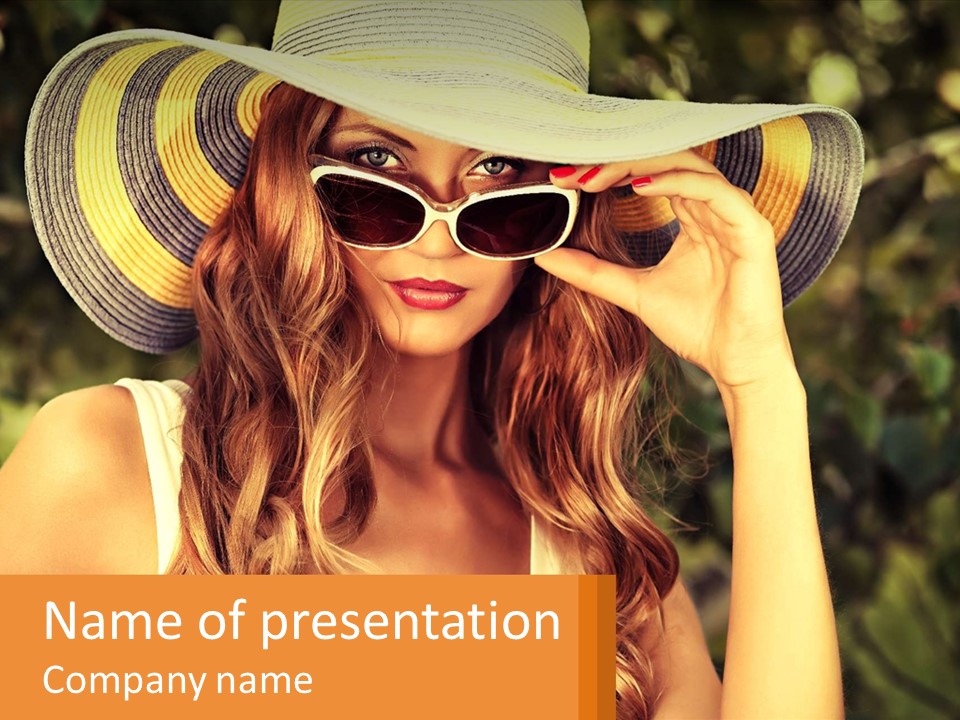A Beautiful Woman Wearing A Hat And Sunglasses PowerPoint Template