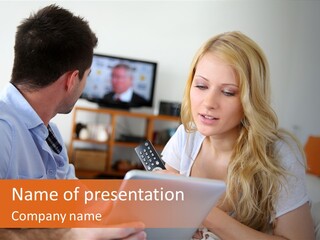 A Man And A Woman Sitting On A Couch Looking At A Remote Control PowerPoint Template