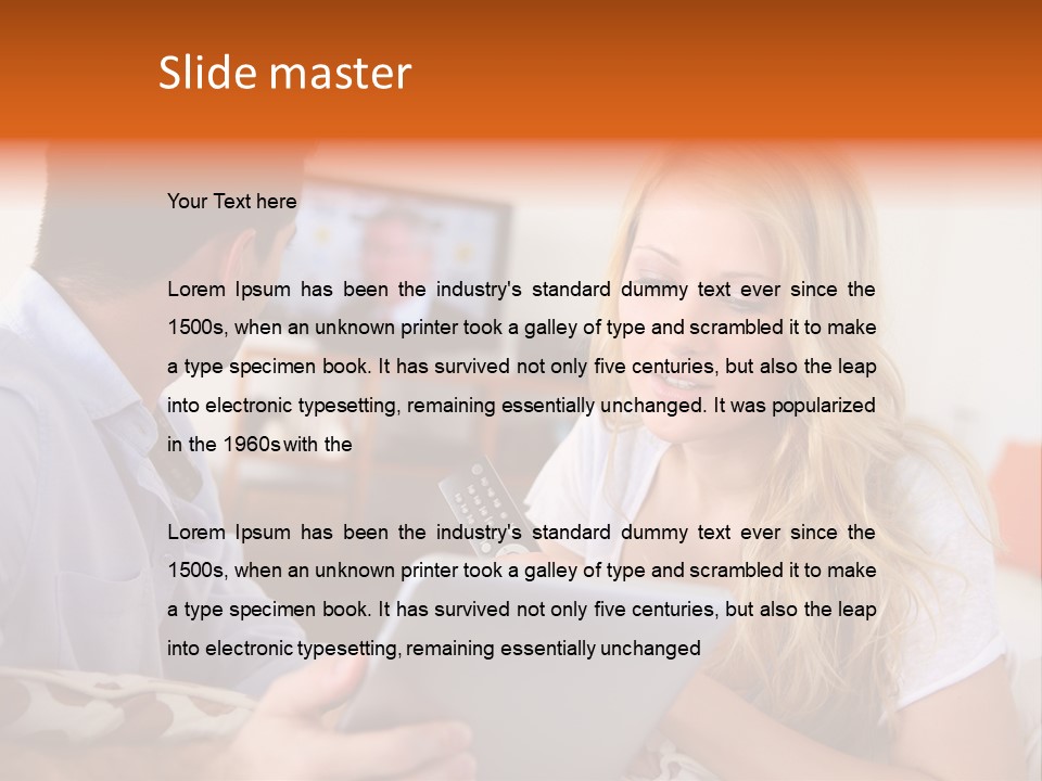 A Man And A Woman Sitting On A Couch Looking At A Remote Control PowerPoint Template