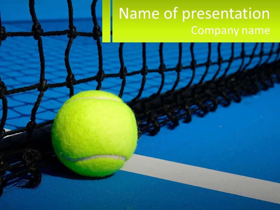 A Tennis Ball On A Blue Tennis Court PowerPoint Template