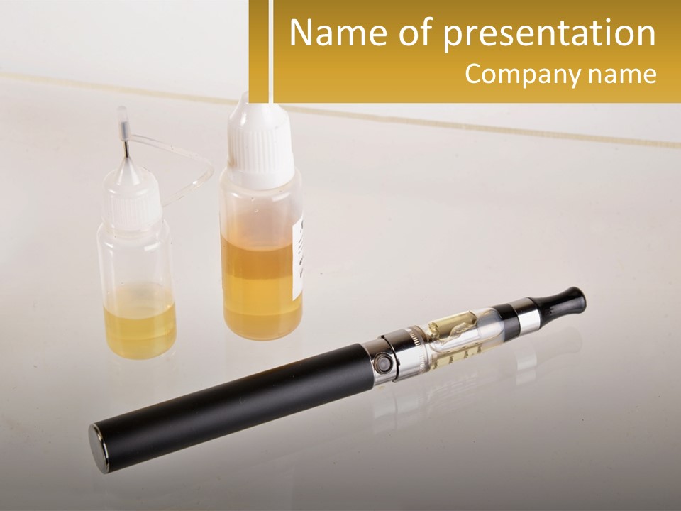 A Bottle Of Liquid Next To An Electronic Device PowerPoint Template