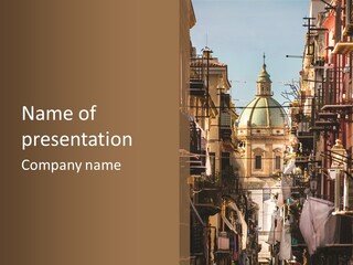 A City Street With Buildings And A Dome On Top PowerPoint Template