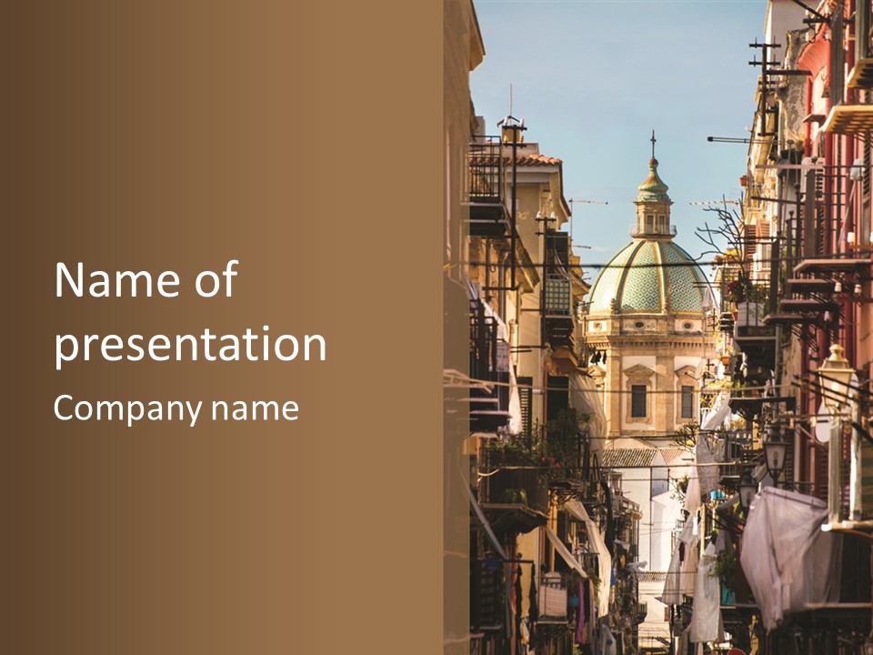 A City Street With Buildings And A Dome On Top PowerPoint Template