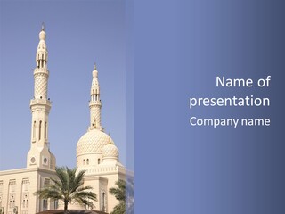 A Large White Building With Two Towers And Palm Trees PowerPoint Template