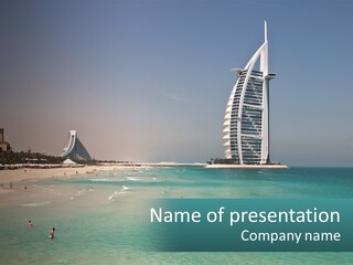 A Picture Of A Beach With A Very Tall Building In The Background PowerPoint Template