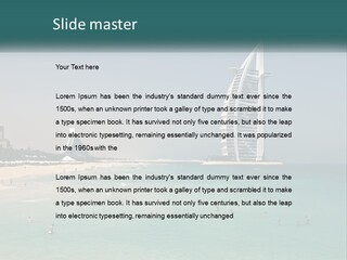 A Picture Of A Beach With A Very Tall Building In The Background PowerPoint Template