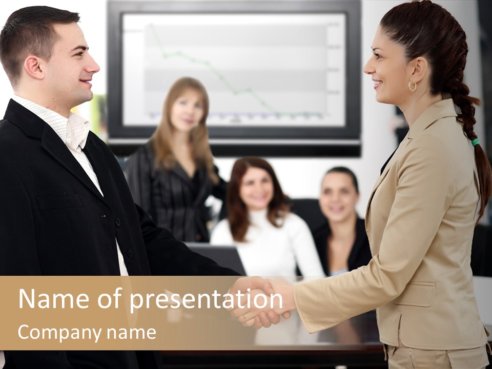 Two People Shaking Hands In Front Of A Group Of People PowerPoint Template