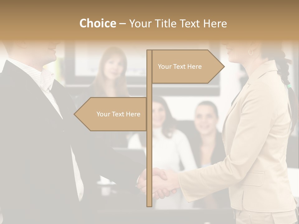 Two People Shaking Hands In Front Of A Group Of People PowerPoint Template