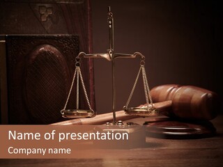 A Gaven And Scale On A Table With A Book In The Background PowerPoint Template