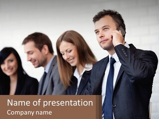 A Group Of People In Business Suits Are Talking On Their Cell Phones PowerPoint Template