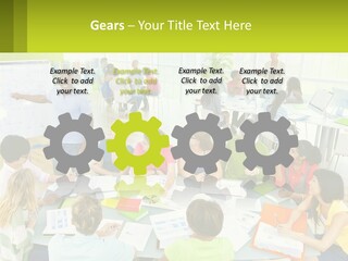 A Group Of People Sitting Around A Table With Papers PowerPoint Template