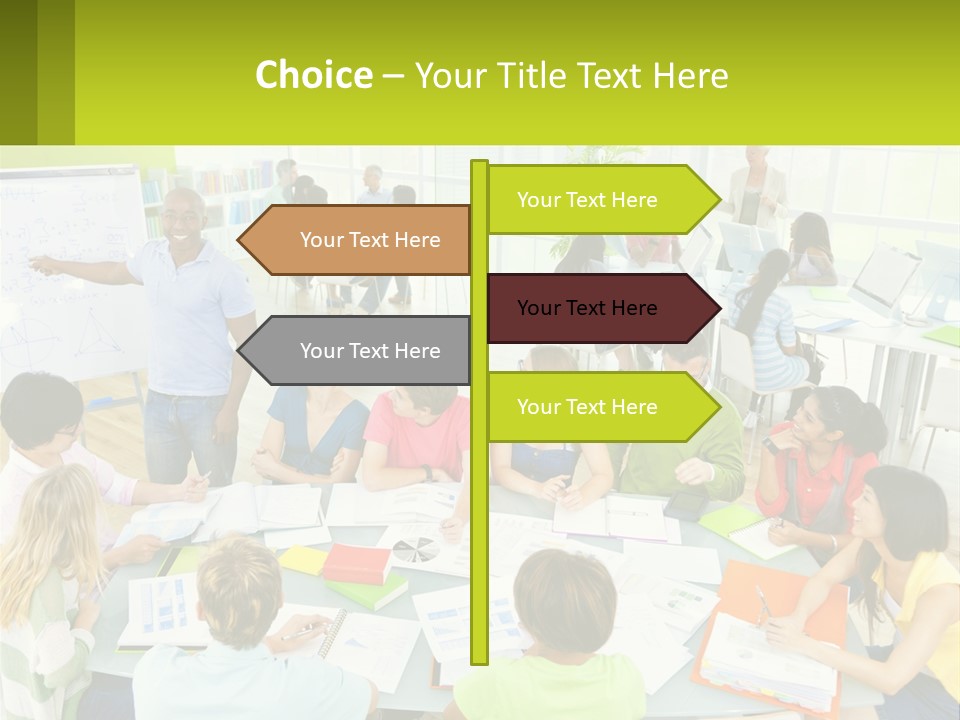 A Group Of People Sitting Around A Table With Papers PowerPoint Template