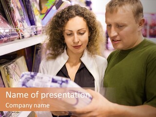A Man And Woman Looking At A Package In A Store PowerPoint Template