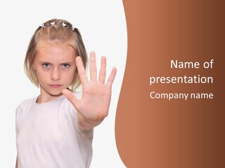 A Little Girl Is Making A Stop Sign With Her Hand PowerPoint Template