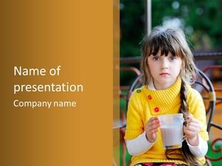 A Little Girl Sitting On A Bench Holding A Cup Of Coffee PowerPoint Template