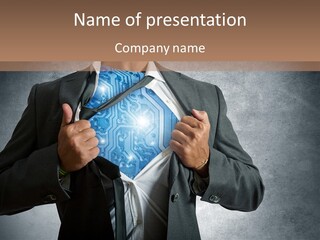 A Man In A Suit Holding A Blue Circuit Board In His Chest PowerPoint Template