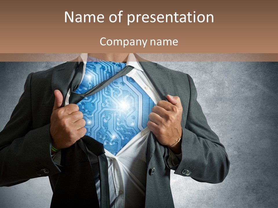 A Man In A Suit Holding A Blue Circuit Board In His Chest PowerPoint Template